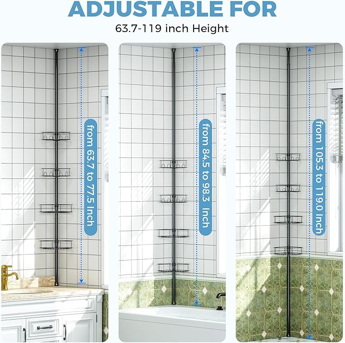 Corner Shower Caddy Tension Pole，4 Tier Adjustable Bathroom Organizer