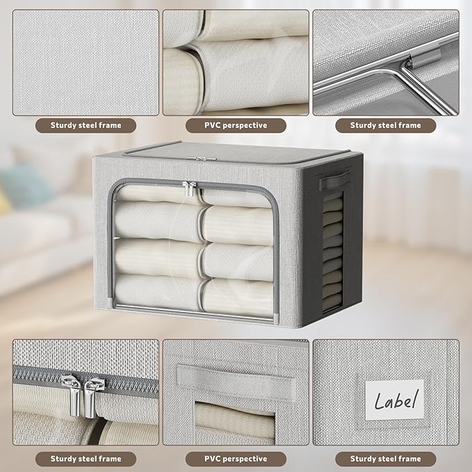 FHSQX 2 Pack Clear Window Storage Bins - Large Stackable Linen Fabric Storage for Clothes Foldable Container Organizer Set with Carrying Handles (Light Gray, 15.7x 11.8x 9.8Inch)