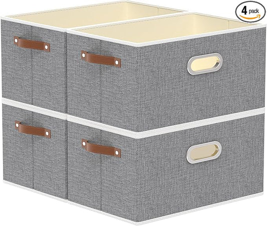 Yawinhe Foldable Storage Baskets for Shelves, Fabric Closet Organizers, Bins with 3 Handles, Cubes for Clothes, Grey, 15''Lx9.8''Wx8.3''H, 4-Pack