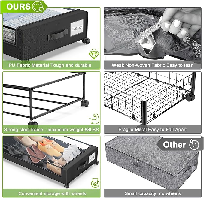 YAASHEEN Under Bed Storage with Wheels, 2-Pack Under the Bed Storage Containers with Clear Lids & Label, Underbed Storage Bins, XXL 60L Rolling Metal Drawer for Clothes, Shoes, Toys, Books - Black