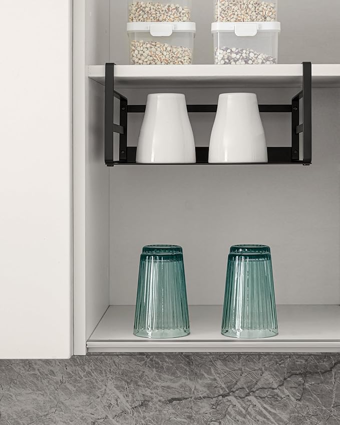 Nxconsu 2 Pack Small Compact Heavy Duty Under Cabinet Organizer, Slide-Under Shelf Basket with Metal Bottom, Hanging Pantry Shelf for Kitchen Cupboard Bookshelf Closet, Holds 15 lbs, Black, 11.02"