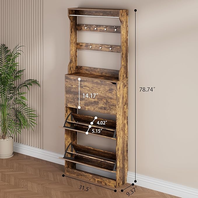 Shoe Storage Cabinet, Wood Shoe Organizer for Entryway with 3 Flip Drawers, Freestanding Shoe Rack with Adjustable Shelf, Narrow Shoe Dresser for Front Door Entrance(Brown, 78.74" x 31.5" x 9.37")