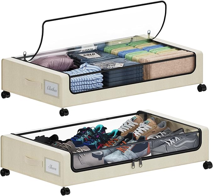 Under Bed Storage with Wheels, XXL 60L Under the Bed Storage Bins, 2-Pack Beige