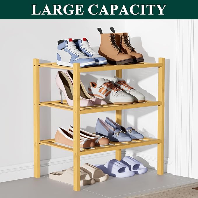 Smiry Bamboo Shoe Rack for Closet, 3 Tier Small Wooden Shoe Organizer, Stackable Wood Shoe Storage Shelf for Entryway, 14 Vertical Slats, One-piece Heavy-Duty Legs, 17.32"x11.02"x18.31", Natural
