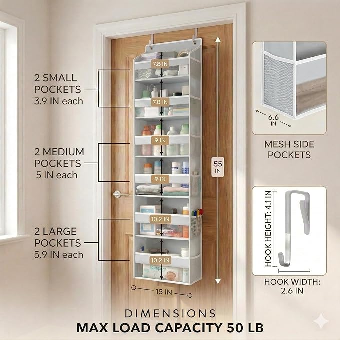 THEORY UPGRADED 6 Tiers Over The Door Organizer Hanging, Light Gray, 1pc