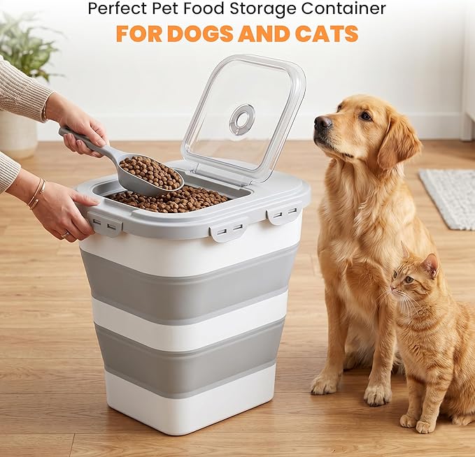 40 Lbs Dog Food Storage Container with Wheels, Collapsible Pet Food Storage Container with Clear Window, 2 Measuring Cups and Scoop, BPA Free Cat Food Container for Rice, Flour, Grain, Bird Seed