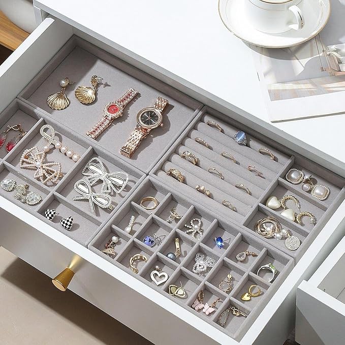 8 Set Jewelry Organizer for Drawer Velvet Jewelry Trays, Jewelry Trays for Drawers Easy To Store Your Jewelry Storage Display Tray for Earring Necklace Rings Bracelet (Grey)