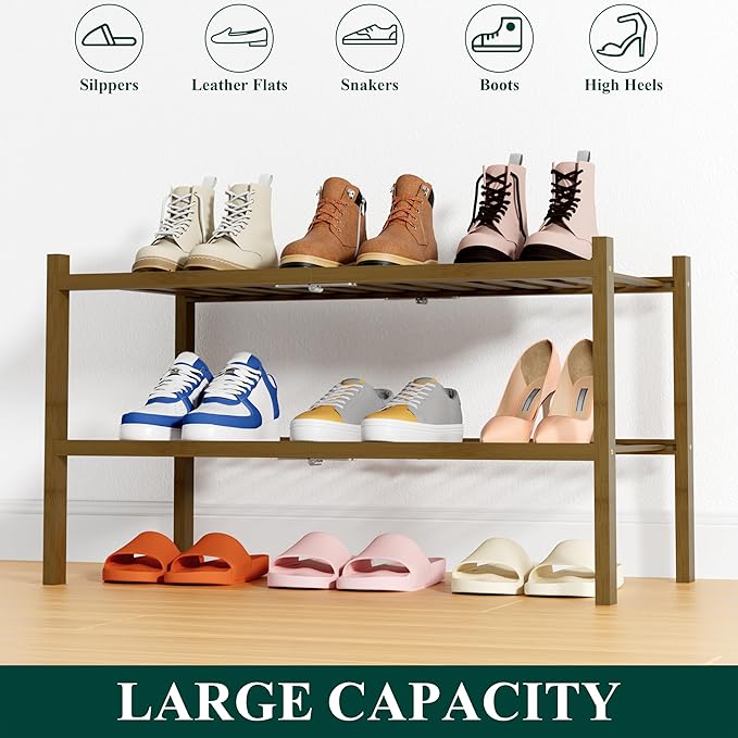 Smiry Bamboo Shoe Rack, 2 Tier Free Standing Wooden Shoe Organizer, Stackable Wood Shoe Storage Shelf for Closet, Entryway, 14 Vertical Slats, One-piece Heavy-Duty Legs, 26.8"x11"x13", Walnut