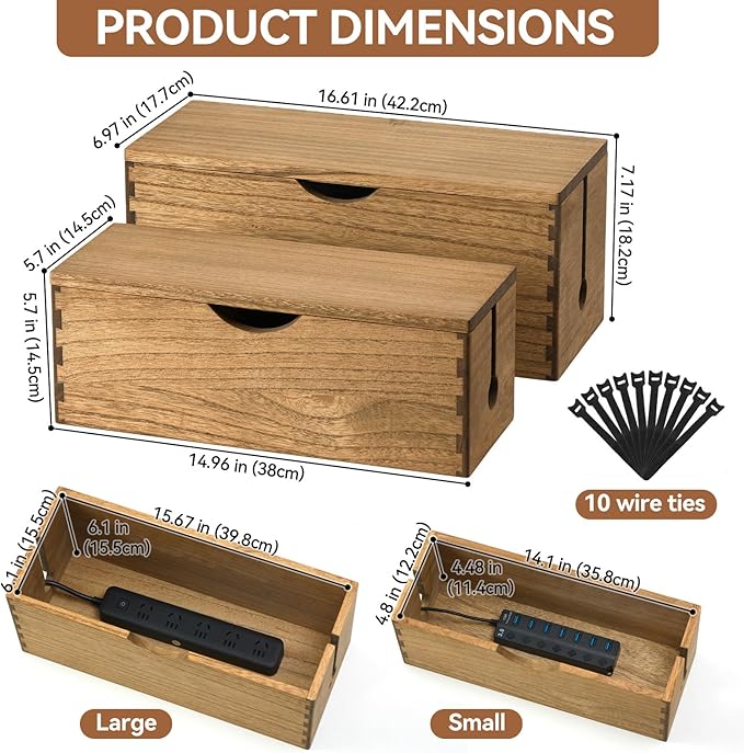 KIRIGEN Wooden Cable Management Box Set of 2 - Solid Wood Large & Small Cord Organizer Hides Power Strips, Chargers & Wires for Desk, TV Stand, Home Office Brown DXH2T-DBR