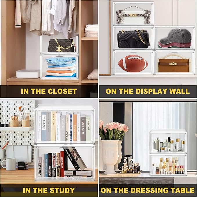 Clear Shoe Boxes Plastic Stackable ‌Shoe Cabinet‌ with Acrylic Magnetic Lids Drop Side Sneaker Display Case for Closet, Entryway, Fits Men's or Women's Shoes up to Size 12.5 (14.17''x10.62''x8.07'')