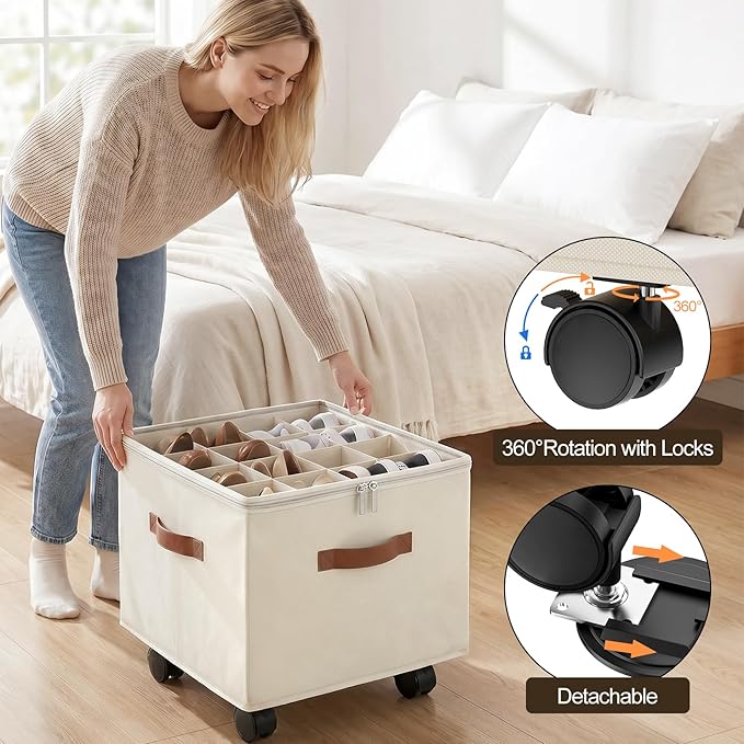 Large Shoe Organizer for Closet, Adjustable Dividers Shoe Storage Box Bins with Wheels Clear Cover Reinforced Handle Fits up to 16 Pairs, Foldable Shoe Organizer for Entryway Beige