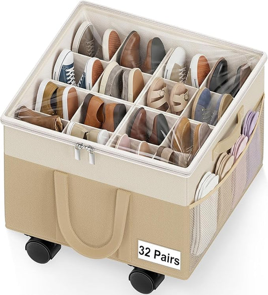 Large Shoe Organizer for Closet, Adjustable Dividers Shoe Storage Box Bins with Wheels Clear Cover Reinforced Handle Side Pocket Fits up to 16 Pairs, Foldable Shoe Organizer for Entryway Beige