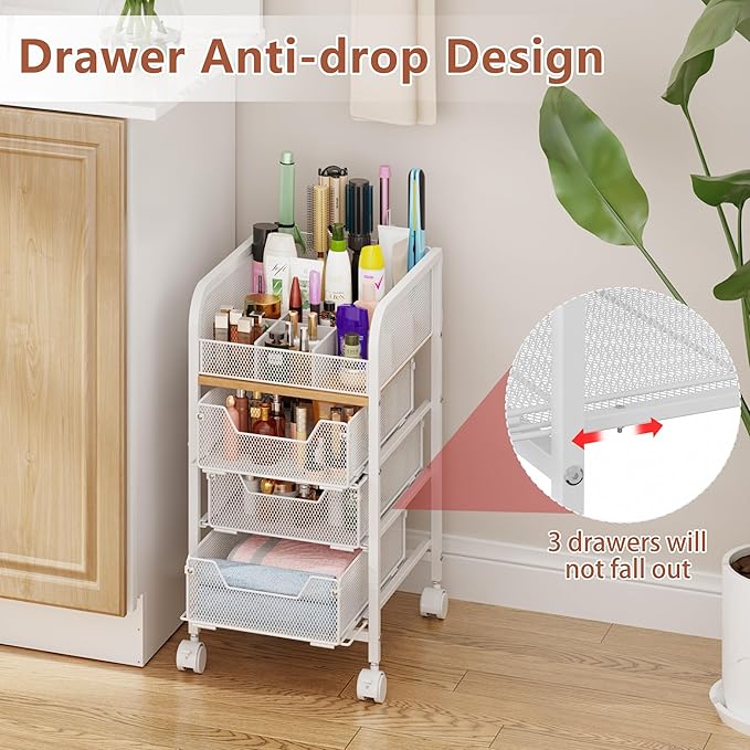 Rolling Makeup Cart Organizer with 3 Drawers