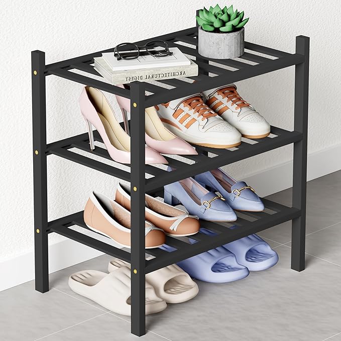 Smiry Bamboo Shoe Rack for Closet, 3 Tier Small Wooden Shoe Organizer, Stackable Wood Shoe Storage Shelf for Entryway, 14 Vertical Slats, One-piece Heavy-Duty Legs, 17.32"x11.02"x18.31", Black