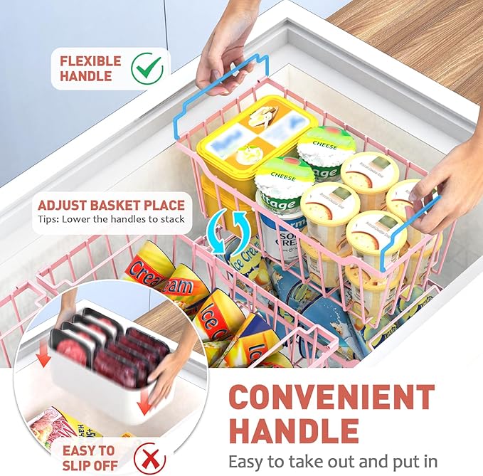 Goovilla Freezer Organizer Bins with Foldable Handle, 4 Pack Stackable Freezer Baskets for 3.5-7 Cu.FT Deep Chest Freezer Organization, Pink Metal Freezer Storage Bins with Better Space Utilization