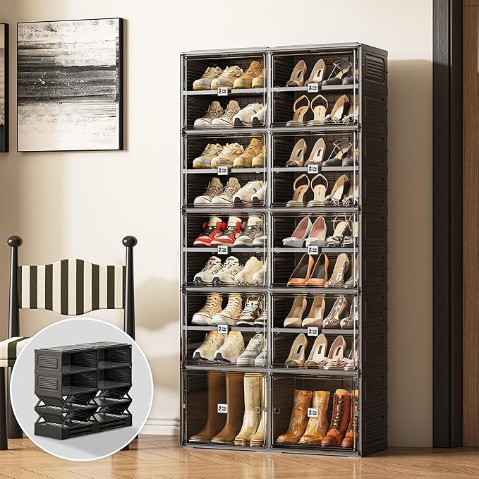 Vipbox Shoe Rack Organizer Cabinet for Closet Entryway,Clear Shoe Storage Boxes Stackable Sneaker Storage with Door Easy Assembly Black Shoe Cabinet with Lids Large 9 Tiers 36 Pairs