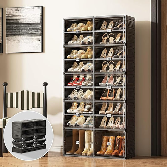 Vipbox Shoe Rack Organizer Cabinet for Closet Entryway,Clear Shoe Storage Boxes Stackable Sneaker Storage with Door Easy Assembly Black Shoe Cabinet with Lids Large 9 Tiers 36 Pairs
