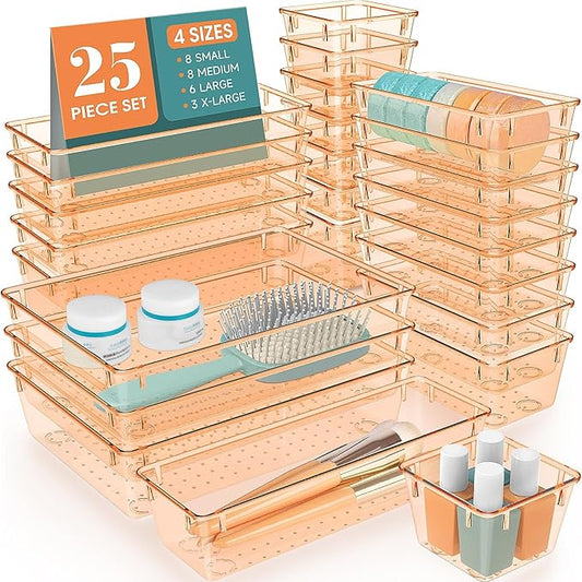 25 PCS Plastic Drawer Organizer Set, Clear Orange