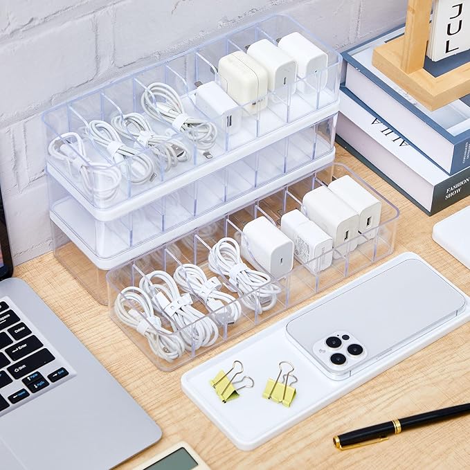 4 Pcs Cable Organizer Box with Wire Ties, Clear,White