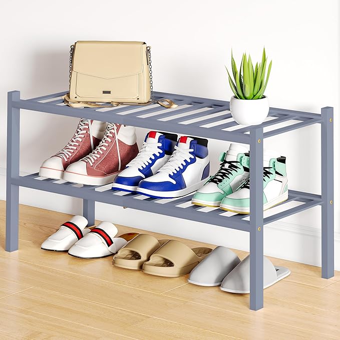 Smiry Bamboo Shoe Rack, 2 Tier Free Standing Wooden Shoe Organizer, Stackable Wood Shoe Storage Shelf for Closet, Entryway, 12 Vertical Slats, One-piece Standard Legs, 26.8"x11"x13", Grey