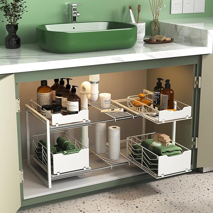 NETEL NETELAdjustable Under Sink Organizers and Storage, 2 Tier Expandable Pull Out Under Sink Organizers and Storage, 4 Pull-Out Metal Baskets, (21.5-31.64)" W X 14.69" D X 15.83" H
