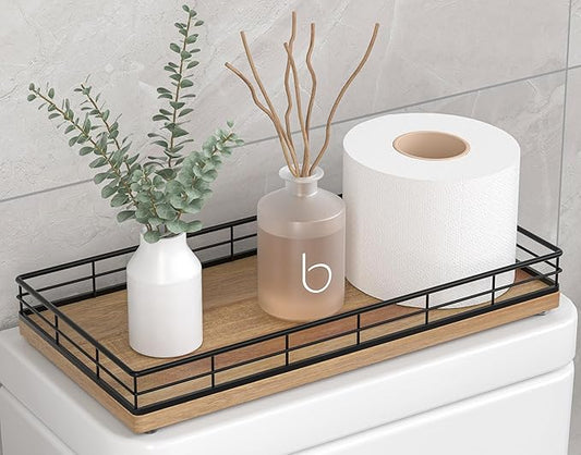 Toilet Paper Basket Organizer, Acacia Wood Toilet Tank Tray with Metal Frame