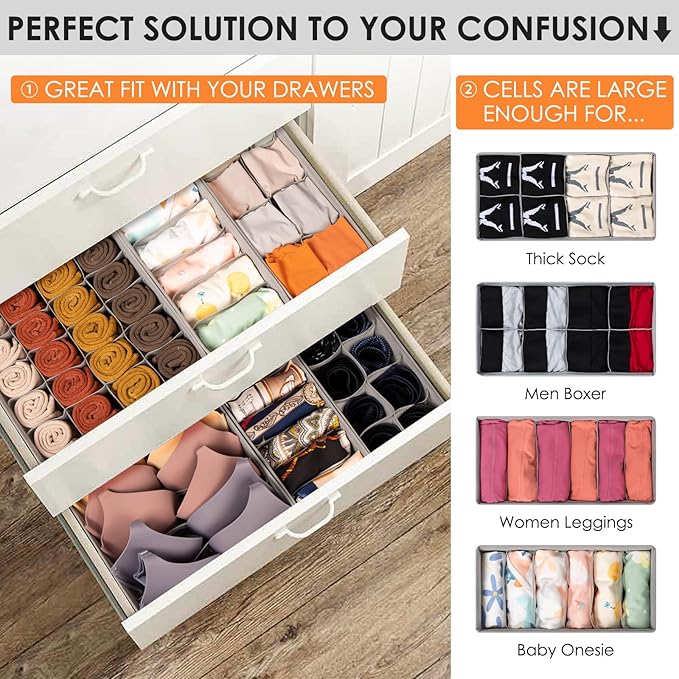 Drawer Organizer Clothes, 48 Compartments, Grey