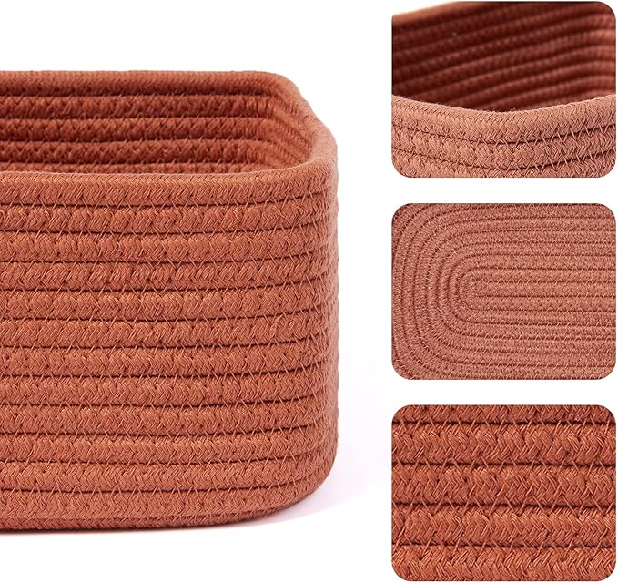 MiniArk Small Storage Baskets for Organizing | Closet Organizer Bins | Shelf Toy Basket | Woven Rope Baskets | Cube Decorative Box | Shallow Basket | 11.5x7.5x4.7” | 3 Packs Oxide Red