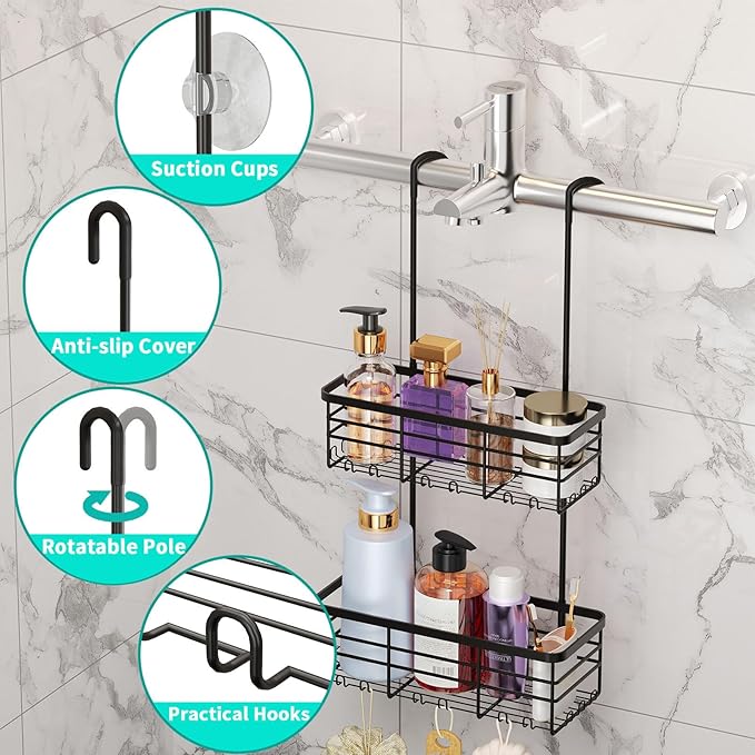 Hanging Shower Caddy Organizer, No Drilling Shower Organizer with Hooks, Black