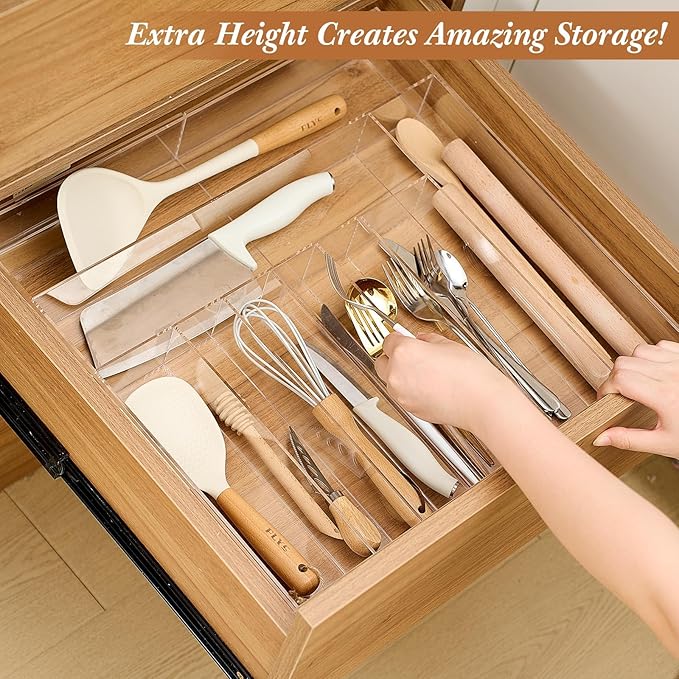 Teenyyou 1 Pack Expandable Kitchen Drawer Organizer Clear Acrylic Utensil Organizer Adjustable Acrylic Silverware Storage for Drawers Silverware Flatware Knives (18.5 x 17.4 Inches,9-11 Compartments)