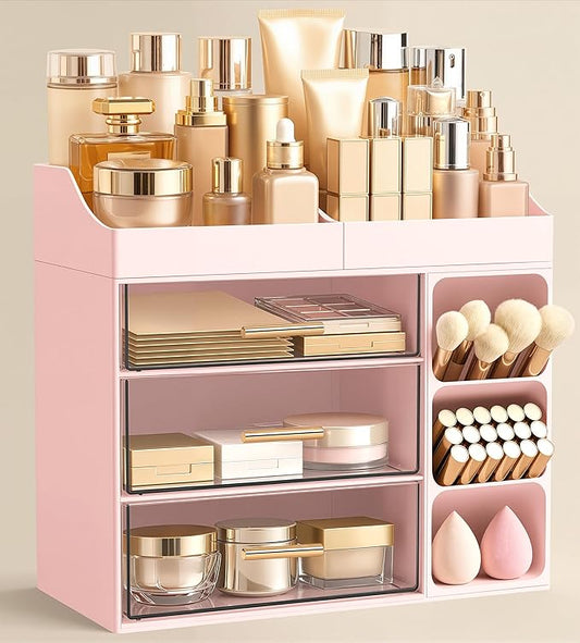 Makeup Organizer Countertop with Brush Holder, Pink