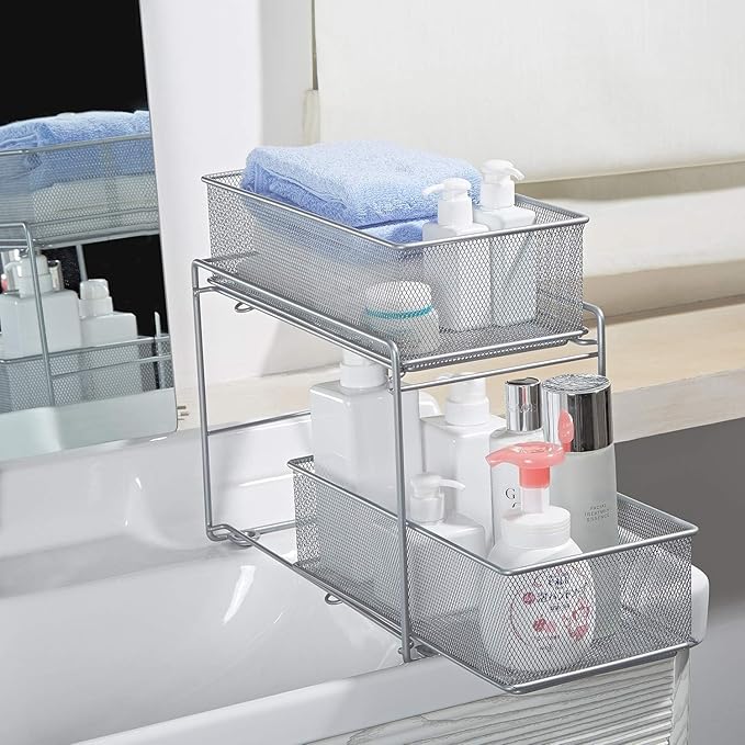 2 Tier Sliding Basket Stackable Cabinet Pull-Out Drawer Mesh Organizer