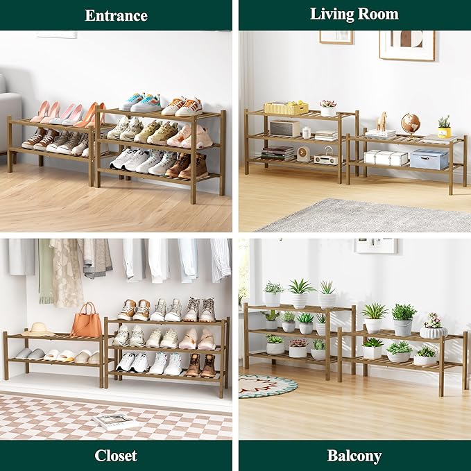 Smiry Bamboo Shoe Rack for Closet, 3 Tier Wooden Shoe Organizer, Stackable Wood Shoe Storage Shelf for Entryway, 14 Vertical Slats, One-piece Heavy-Duty Legs, 26.77"x11.02"x18.31", Walnut