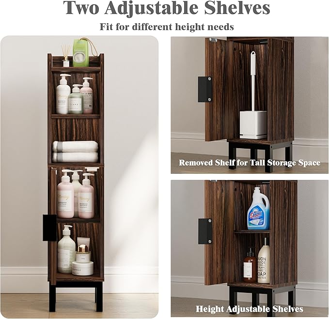 FerniTry Small Bathroom Storage Cabinet, Corner Floor Cabinet with Door and Shelves, Narrow Toilet Paper Cabinet, Bathroom Organizer with Adjustable Shelf, for Small Spaces (Walnut)