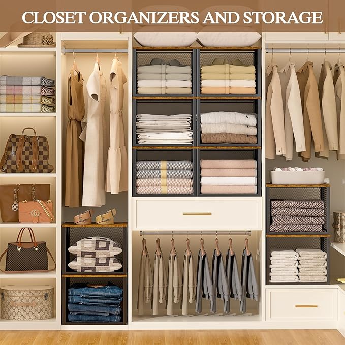 3 Pack Stackable Closet Organizers and Storage Basket, Closet Shelves with Wood Top Extra Storage, Multifunctional Clothes Organizer Bins/Cube Storage Drawer for Wardrobe Kitchen Laundry Room, Black