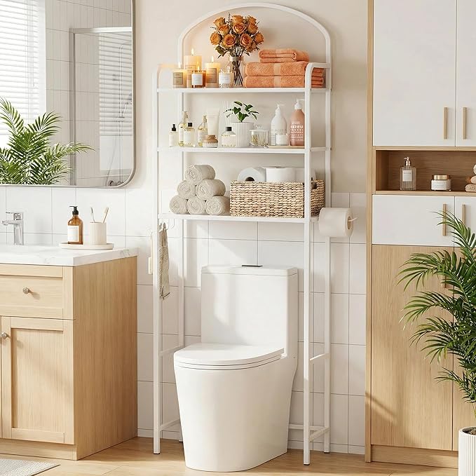 Over The Toilet Storage Rack - 3 Tier Bathroom Organizer with 4 Hooks & Paper Holder - Space Saving Metal Shelf for Bathroom - White Toilet Storage
