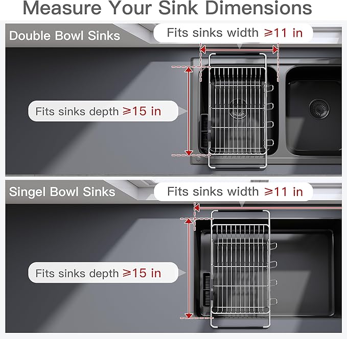 Over the Sink Expandable Dish Drainer Drying Rack In Stainless Steel for Small Kitchen, Counter Space Saving Modern Compact Metal Above Plate Dryer Strainer, Adjustable Hanging Inside Drain Holder