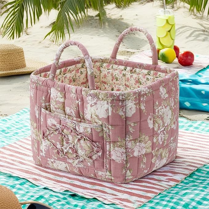Fabric Baskets for Storage - Quilted Boho Floral Basket with Handles, Foldable Organizer for Home, Office, Clothes, Blankets, Books or Toys - 12'' x 10'' x 10''(Multi)