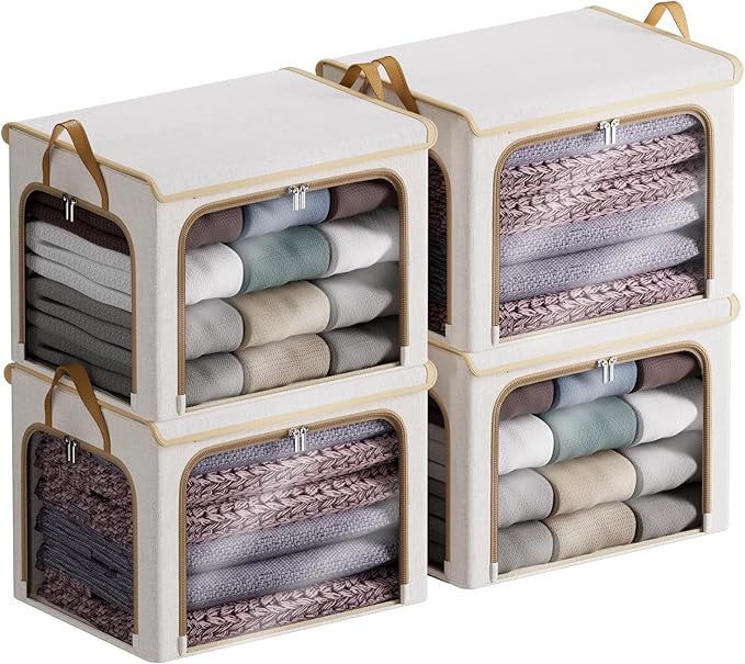 4 Pack Clothes Storage Bins with Metal Frame - 66L Stackable Storage Box with Lid，Foldable Storage Container Organizer for Clothes，Linen Fabric Storage Box with Clear Window＆Zippers＆Handles