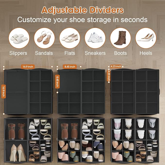 4-PackShoe Organizer for Closet, Foldable Shoe Storage Box with Adjustable Dividers & Clear Cover, Fits 32 Pairs, Black, Durable and Space-Saving