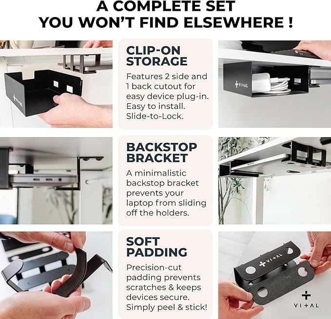 VI+AL Under Desk Laptop Mount - Hidden Metal Shelf with Side Storage - Installs with Tape & Screws - Fits Devices up to 1.7" Thick - Standard (No Hook or Cable Organizer)