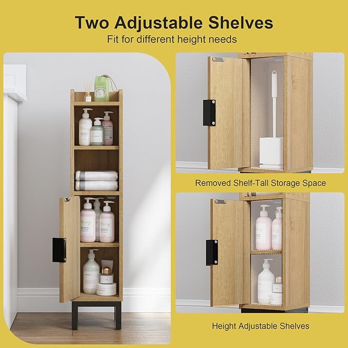 FerniTry Small Bathroom Storage Cabinet, Corner Narrow Toilet Paper Floor Cabinet with Door and Shelves,Bathroom Organizer with Adjustable Shelf, for Small Spaces (Oak)