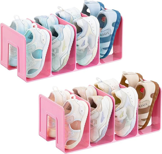 HBlife Pink Acrylic Kids Shoe Rack for Closet Organizers and Storage, Small Shoe Rack 4 Sections Toddler Baby Shoe Storage Organizer Stackable Shoe Shelf,Desk File Sorter Book Purse Organizer(2 Pack)