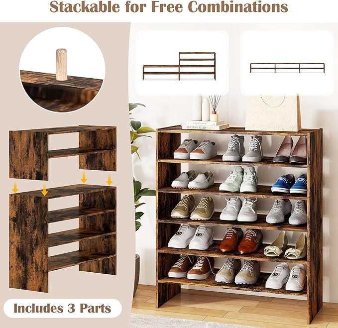 Tangkula 6-Tier Stackble Vertical Shoe Rack, Space Saving Wooden Corner Shoe Storage Shelf for 18 Pairs, 3-in-1 Adjustable White Shoe Organizer for Front Door Entryway