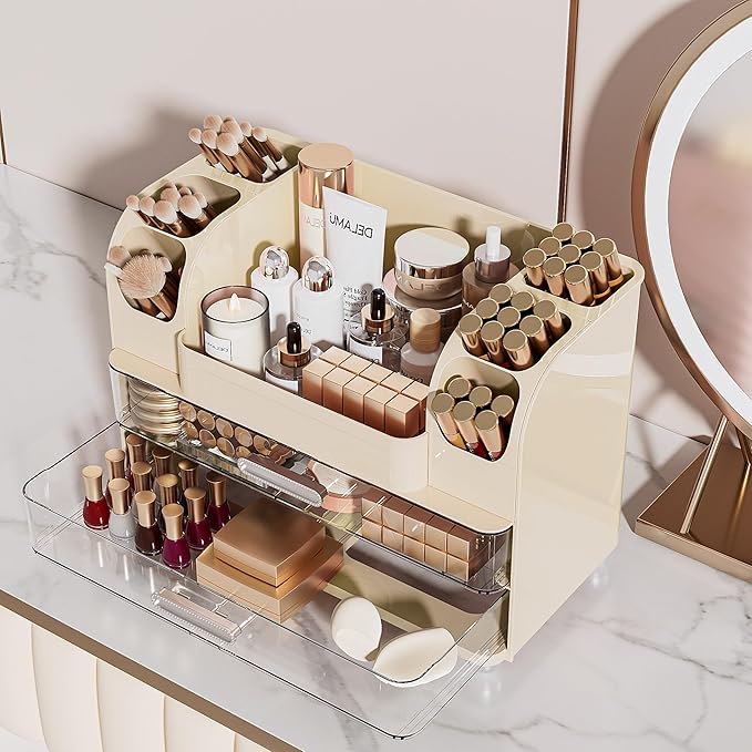 Large Makeup Organizer Countertop with 6 Brush Holders, Cream White