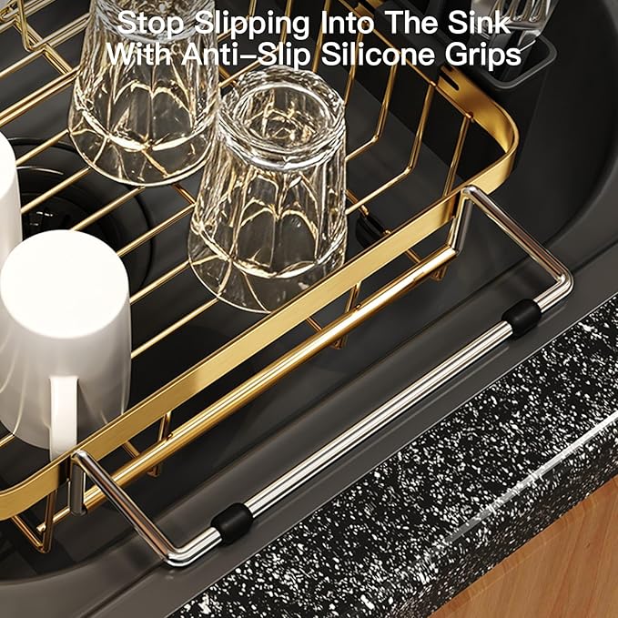 MAJALiS Gold Dish Drying Rack Over The Sink, Expandable Stainless Steel Dish Drainer for Small Kitchen Counter Space Saving, RV Compact Plate Strainer in Metal with Hanging Adjustable Utensil Holder