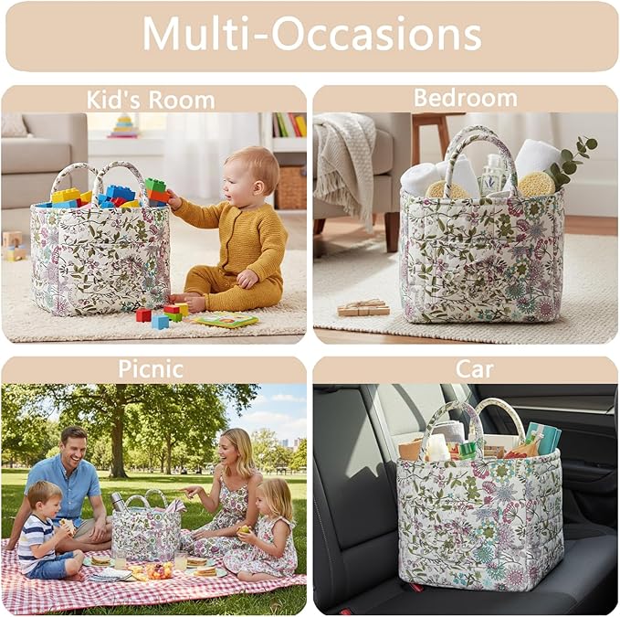 Quilted Fabric Storage Baskets with Handles, Boho Floral Gift Basket Foldable Organizer Bin for Home Decor, Picnic, Travel 12''x10''x10'' (Purple)