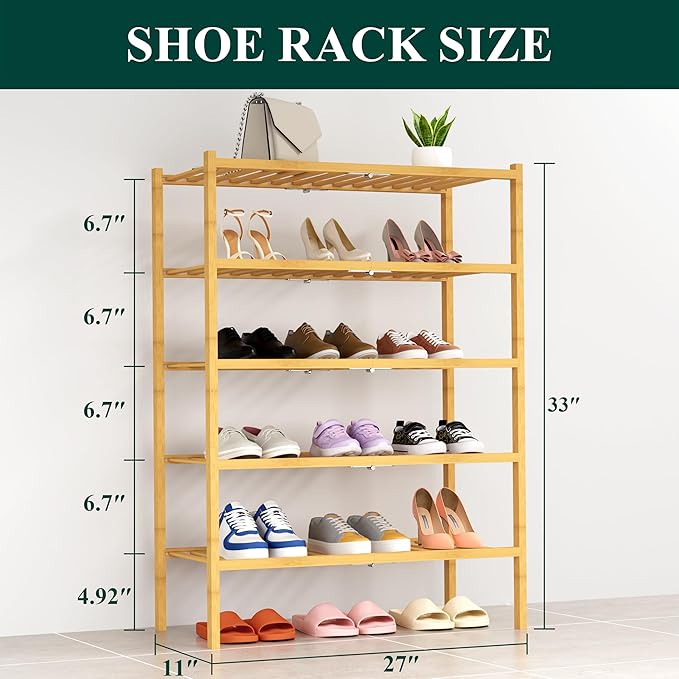 Smiry Bamboo Shoe Rack, 5 Tier Free Standing Wooden Shoe Organizer, Stackable Wood Shoe Storage Shelf for Closet, Entryway, 14 Vertical Slats, 2+2+1 Stack Heavy-Duty Legs, 26.8"x11"x32.5", Natural
