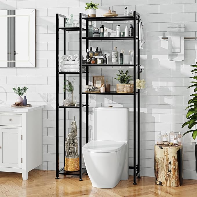 Simple Trending 8 Tier Over The Toilet Storage with Side Rack, Bathroom Organizer Metal Shelves for Towels, Black