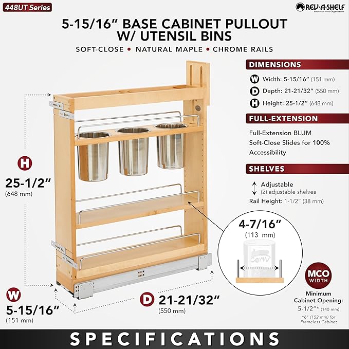 Rev-A-Shelf Maple Pullout Utensil Organizer with 3 Bins & BLUM Soft-Close for Full-Height Base Cabinets, Full Extension Slides, Adjustable Shelves, Min Opening Width of 5.5", 448UT-BCSC-5C